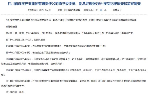 兴盛网 四川省煤炭产业集团原副总经理张万松被查，2019年退休